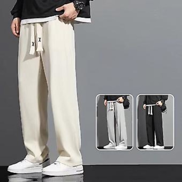 Mænd Casual Bukser Snøre Elastisk Talje Løstsiddende Lange Bukser Streetwear Straight Wide Leg Bukser Casual Sports Lange Bukser Mænds Tøj (XL Grå)