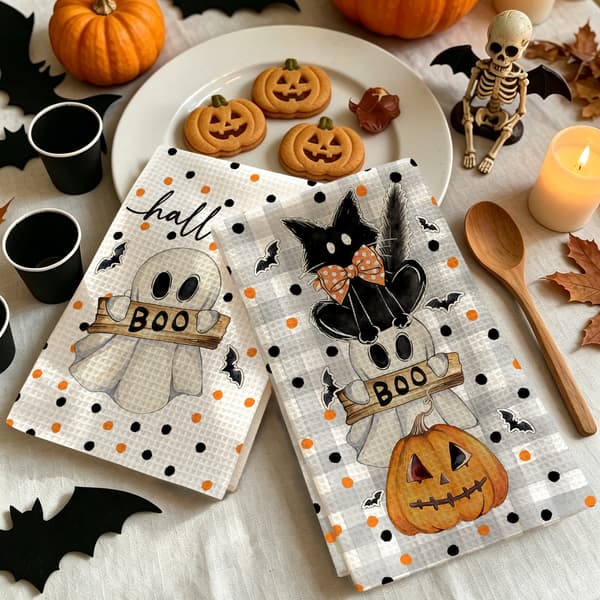 Halloween Spøgelse Græskar Køkkenhåndklæder, Festlige Trykte Vaffelviskestykker, Sæt med 2