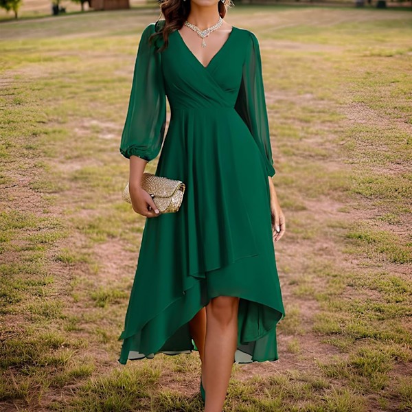 Elegant Chiffon V-hals Langærmet Plisseret A-linje Midilængde Bryllupsgæst Kjole XL Sort