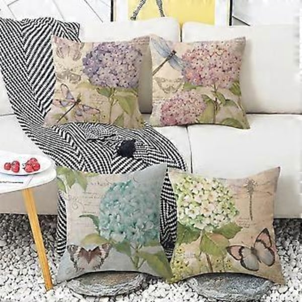 Kuddfodral 18x18 Dekorativa Kuddfodral Linne Kvadrat Blomma Kuddfodral, Lanthus Stil Utomhus Kuddfodral Set om 4 för Soffa Soffan Livi