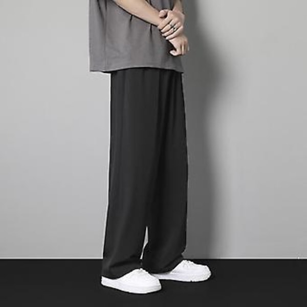 Bukser til mænd med elastisk snøreliv, lommer, draperet design, sommer, ensfarvet, lige, brede ben, tynde bukser (2XL Sort)