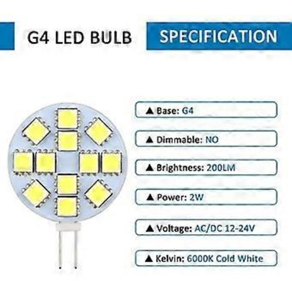 G4 LED-lampa 2W, AC/DC12-24V, 200LM Kallvitt 6000K, 12x 5050SMD, motsvarande 20w halogenlampa, Ej dimbar, G4 Rund LED-lampa för Belysning