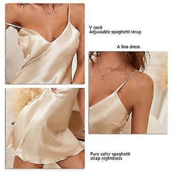 Satin Nattlinne med Spaghettiband, V-ringning, A-linje, Is-silke, Sömnkläder för Kvinnor (XL Khaki)