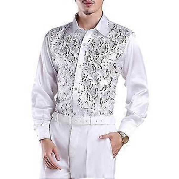 Lyxig herrskjorta med paljetter, kavajslag, långärmad, enkelknäppt, bröllopsskjorta för scenen, slim fit, formell fritidsskjorta (S vit)