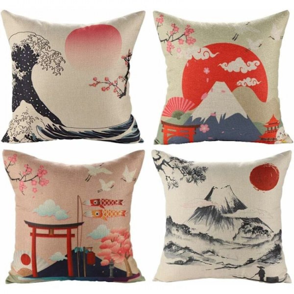 45 x 45 cm, set med 4 japanska kuddfodral. Fuji Ukiyo-e Pillowc