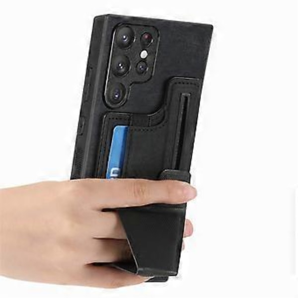 Samsung Galaxy S25 Ultra -kotelo korttipaikalla ja jalustalla, retro nahkainen takakansi - Musta (Musta)