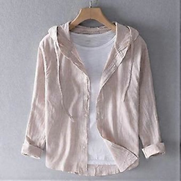 Herre Forår og Efterår Casual Skjorte Stor Størrelse Hættetrøje Solbeskyttelse Stribet Skjorte (4XL beige)