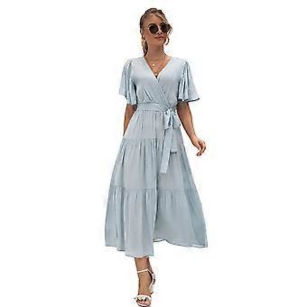 Formal Kortærmet Cocktail Flydende V-Hals Kjole Lyseblå (2XL)