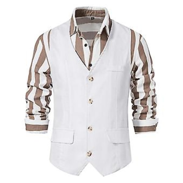 Retro Herrar Solid V-ringad Casual Enkelknäppt Kostymväst Business Formal Kontorsväst Med Fickor (L Vit)
