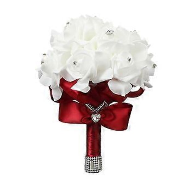 Kunstig Brudebuket, Rosebuket til Brud og Brudepiger med Krystaldiamant Bløde Bånd, Brudepiger Holder Blomster (Vinfarvet)