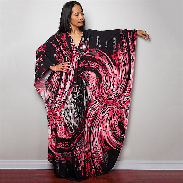 Kvinnors tryckta maxiklänning fladdermusärm strandklänning plus size sommarklänning strandkläder kaftan cover-ups Dn0529