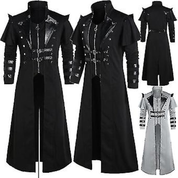 Vintage Halloween Middelalder Steampunk Assassin Elves Pirat Kostume Voksen Mænd Sort Lang Split Jakke Gothic Armor Læderfrakker (L Sort)