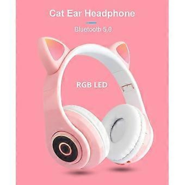 Søte Kattøre Trådløse Hodetelefoner Bluetooth 5.0 med 7 Farger LED Lys og Foldbar Volumkontroll (Svart)