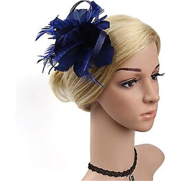 Fascinatorer för Kvinnor Bröllop Fascinator Hatt Blomma Nät Fjäder Hårband QB-Navy