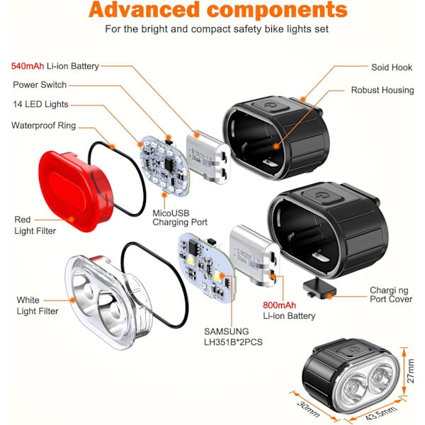 Cykellampset, kraftfullt LED-cykellampset, cykellampa IPX5 Wate