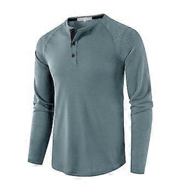 Waffle Henley-tröjor för män Rund hals Långärmad T-shirt Enfärgad Vardagsklädsel Höst Vinter Bekväm Tröja (XL ljusblå)