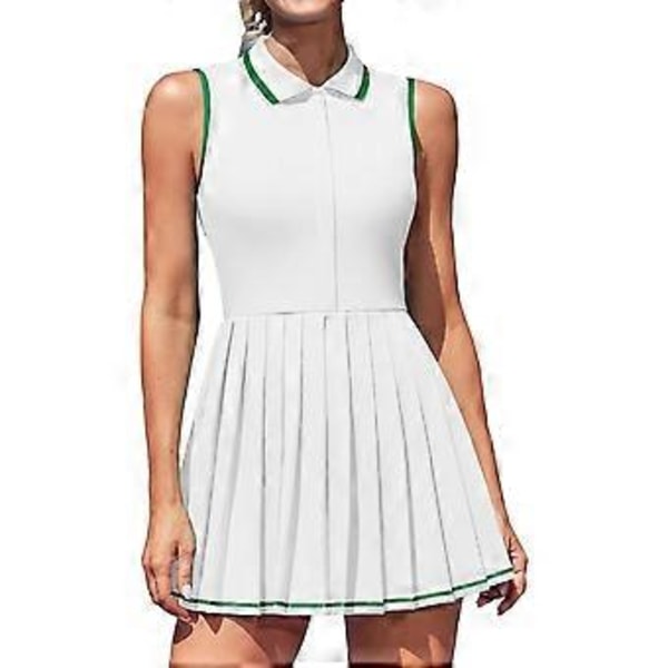 Charmleaks Dame Tennis Kjoler Ribbet Polo Golfkjole Halv Lynlås Plisseret Træningskjole med Indbyggede Shorts og BH (L hvid)