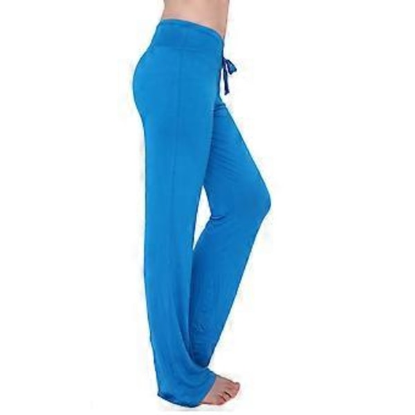 Dame Plain Drawstring Casual Løse Yoga Bukser Åndbare Gym Sports Pilates Lange Bukser (L Søblå)