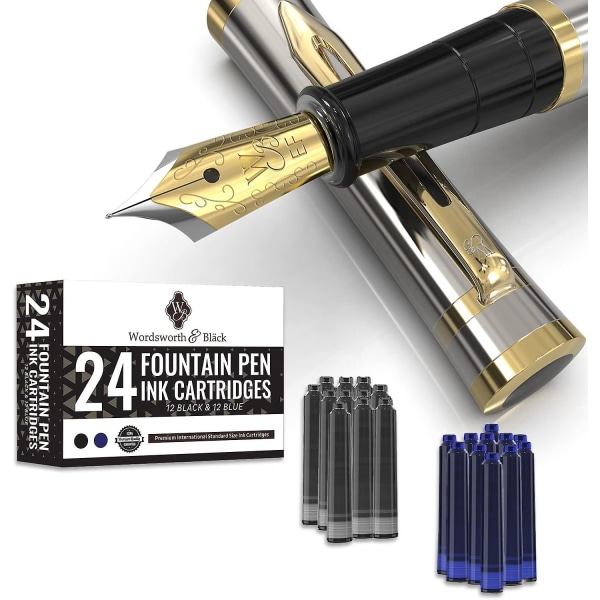 Fountain Pen Set, 18k Gilded Extra Fine Nib, Includes 24 Pack Ink Cartridges, Ink Refill Converter & Gift Box, Gold Finish, Calligraphy, [silver Gold]