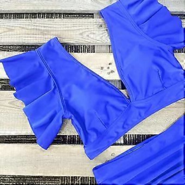 QQDD Dame Flæse Høj Talje Badedragt Todelt Push Up Tropisk Print Bikini (L Blå)