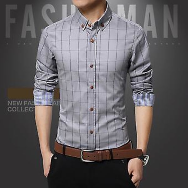 Herrar Skjorta Rutiga Tryck Långärmad Knappar Formell Enkelknäppt Varm Business Plus Size Höst Topp Man Kläder (2XL Marinblå)