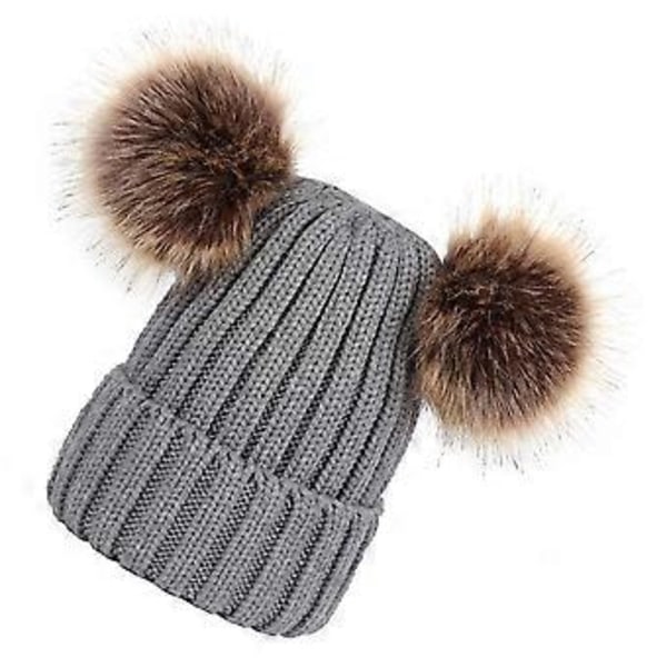 Vinterstrikket hue med dobbelte pom pom ører til kvinder piger (Grå)