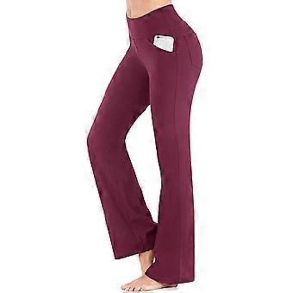 Dame Fit & Flare Plain Bukser Bløde Åndbare Casual Lange Bukser Høj Talje Sommer Elastisk Talje Knapper (M Vinrød)