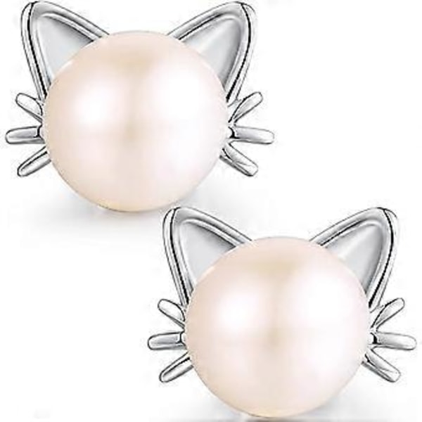 Katteøreringe 18K Hvidguldbelagt 925 Sterling Sølv Katteøre Stud Øreringe, Ferskvandsperle Stud Øreringe 7,5-8mm, 925 Sterling Sølv Sød Kat Stud
