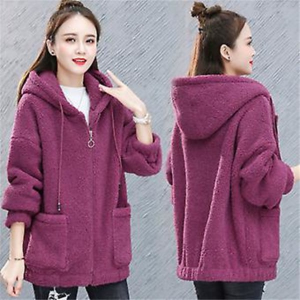 Tjock varm lammkappa för kvinnor, plusstorlek, huva, ytterplagg, dragkedja, cardigan, hoodie (L Lila)