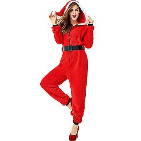 Röd Huvad Jumpsuit Helkroppspyjamas Jultomte Cosplay Julparty Kostym (L Vuxen)