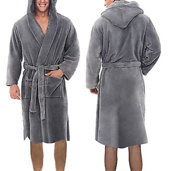 Långärmad ficka bälte enfärgad herr morgonrock vinter varm huvad lång fleece hem klänning nattkläder (S marinblå)
