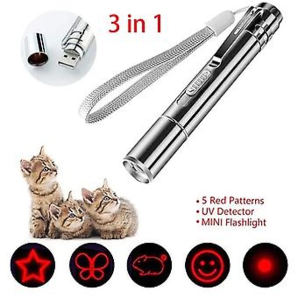 3 i 1 USB Opladbar Sjov Kattejagtlegetøj Mini Lommelygte Laser LED Pen Light Kattelys Pegere Sjov Kæledyrslegetøj Dropshipping( )