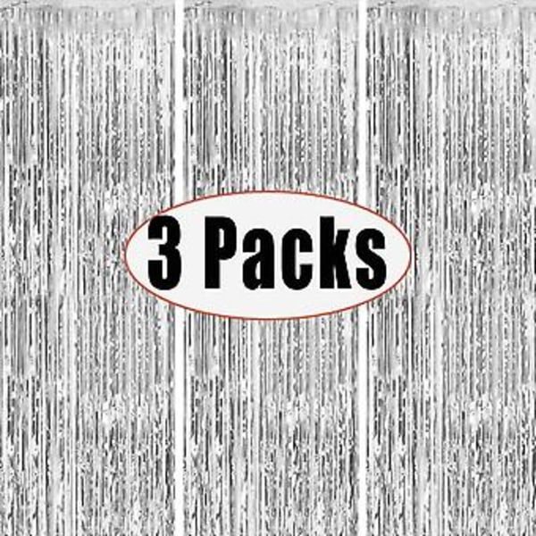3 Pack 3.2ft X 6.6ft Silver Metallic Tinsel Foil Fringe Gardiner Fotobås Rekvisita För Födelsedag Bröllop Förlovning Bröllopsfest Baby Shower Ungkarlsfest