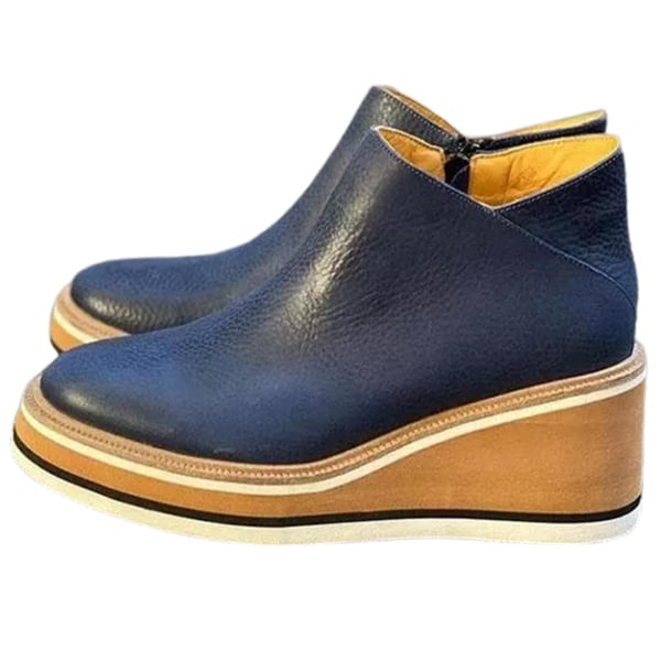 Women's Premium Solid Colors Wedge Ankle Boots Round Toe Footwear Wedges Casual Shoes Fashionable Navy Blue 42