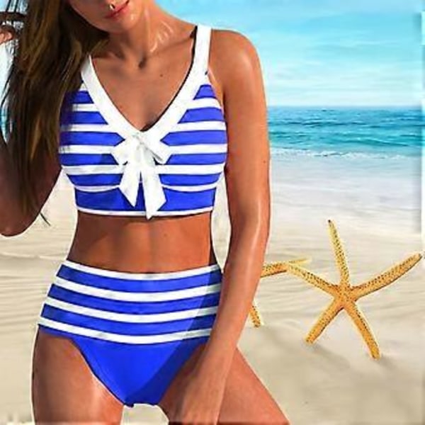 Axelband Baddräkt för Kvinnor med Grå Vitrandigt Tryck Bikini Kort Tank Top Baddräkt (2XL blå)