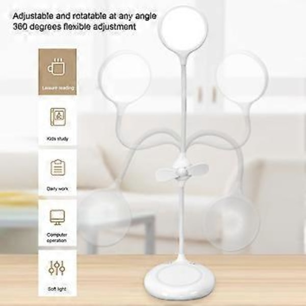 LED Skrivbordslampa Unik Fläktdesign 3 Dimningsnivåer 360° Flexibel Svanhals USB-laddning Multifunktionell Liten Skrivbordslampa