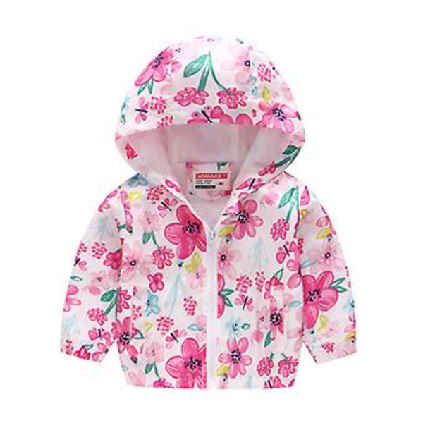 Barnjacka med dragkedja, huva och fickor för pojkar och flickor, vindjacka, ytterkläder (2-3 år, rosa blomma)