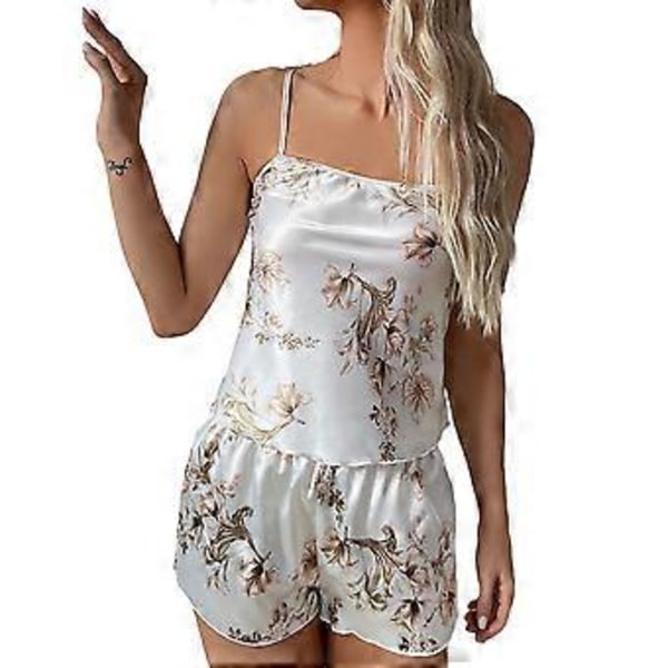 2-delad Satinpyjamas för Kvinnor, Sexig Slingtopp och Elastiska Shorts, Blommigt Tryck, Nattkläder (M vit)