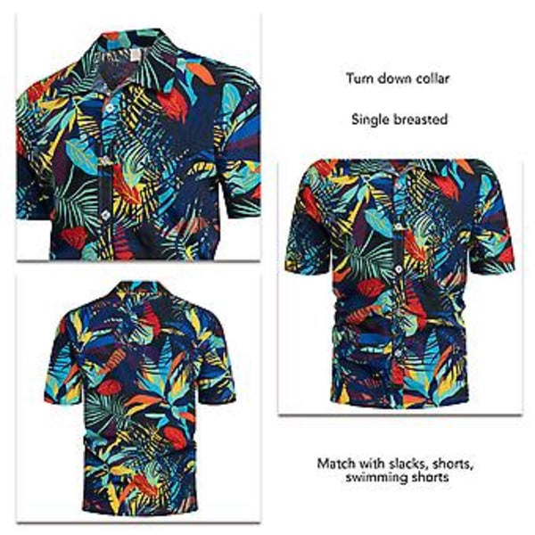 Kortärmad Tryckt Skjorta Herrar Snygg Casual Nedåtvänd Krage Knappuppslagen Strandskjorta För Semesterfest (2XL Mörkblå)