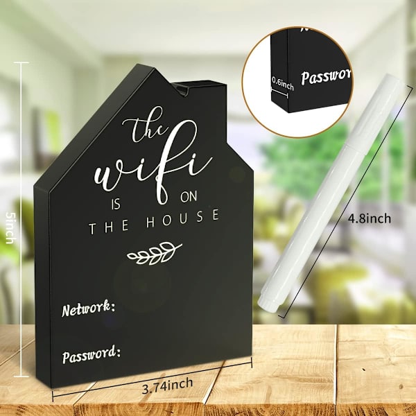 Wifi-lösenordsskylt för hem, träbord, Wifi-skylt, fristående, tavla i trä med tavla, raderbar penna (5x3,74 tum)