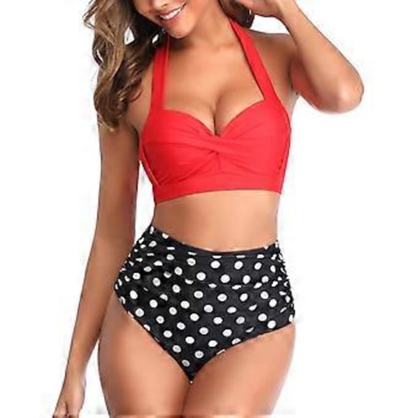 Naisten Vintage Collect Bikini Uimapuku Röyhelöinen Korkea Vyötäröinen Kaksiosainen Setti Nauhoituksella Röyhelö Bikini Housut Pari 3/4 Uimapuvun Kanssa (X-Large Red Dot)
