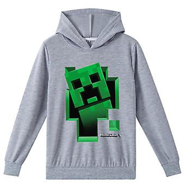 Minecraft Creeper Hoodie för Barn (Pojkar & Flickor) - Casual Långärmad Huvtröja med Huva, Pullover, Topp (9-10 År, Grå)