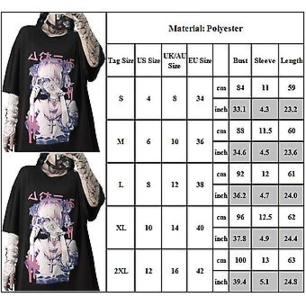 2023 Dam T-shirt Gotisk Anime Estetisk Tryck Y2k Japansk Harajuku Streetwear Casual Rundhalslös Lös Passform Toppar (2XL)