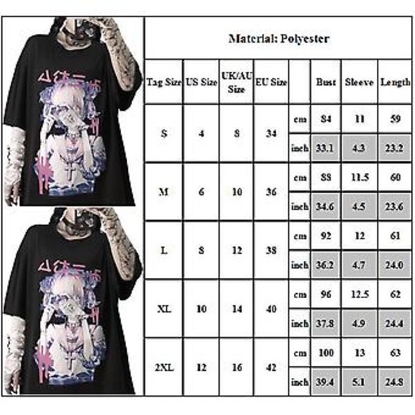 2023 Gothic T-shirt til kvinder med Anime Aesthetic Print Y2k Japansk Harajuku Streetwear Casual Crewneck Løstsiddende Toppe (XL)