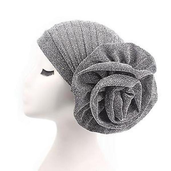 Hodeplagg for kvinner med glitter, for hårtap, kjemoterapi, turban, muslimsk blomsterdekorert hatt (sølv)