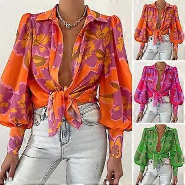 Dame Revers Puff Langærmet Skjorte Toppe Blomsterprint Enkeltknappet Løs Pasform Tynd Bluse Arbejdstøj (XL grøn)