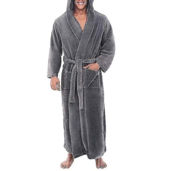 2023-mens Fleece Hooded Long Soft Bathrobe-1 Grey L