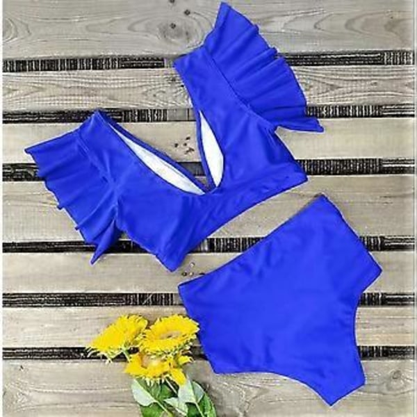 QQDD Dame Flæse Høj Talje Badedragt Todelt Push Up Tropisk Print Bikini (L Blå)