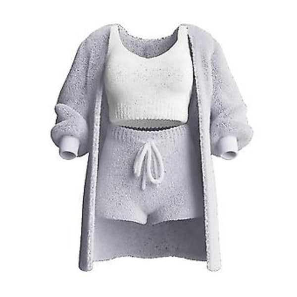 Mukava 3-osainen neulottu setti naisille - Lämmin ja seksikäs pörröinen fleece-pyjama M harmaa