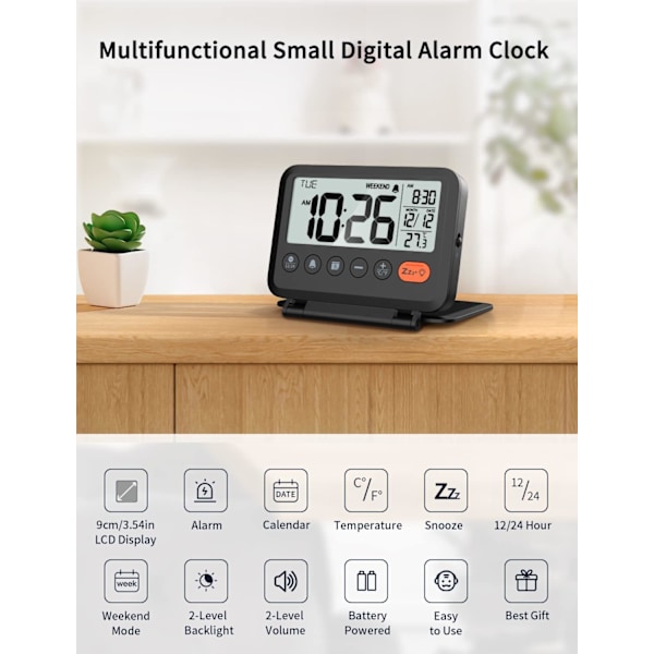 Digital resealarmklocka, svart, 3,54 tums LCD-skärm, 9 minuters snooze